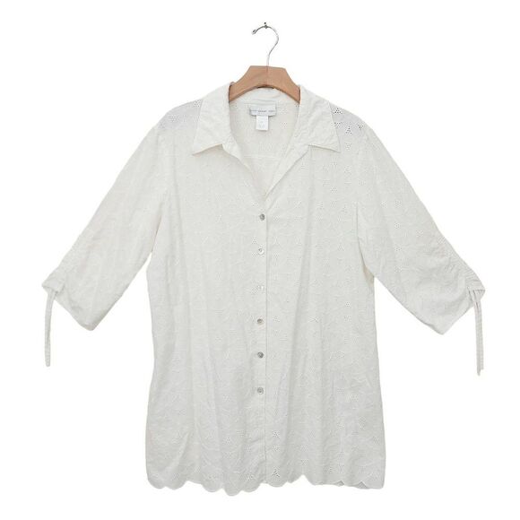 Susan Graver Style Tunic Shirt Womens 1X White Eyelet Embroidered 3/4 Sleeve - Picture 1 of 8